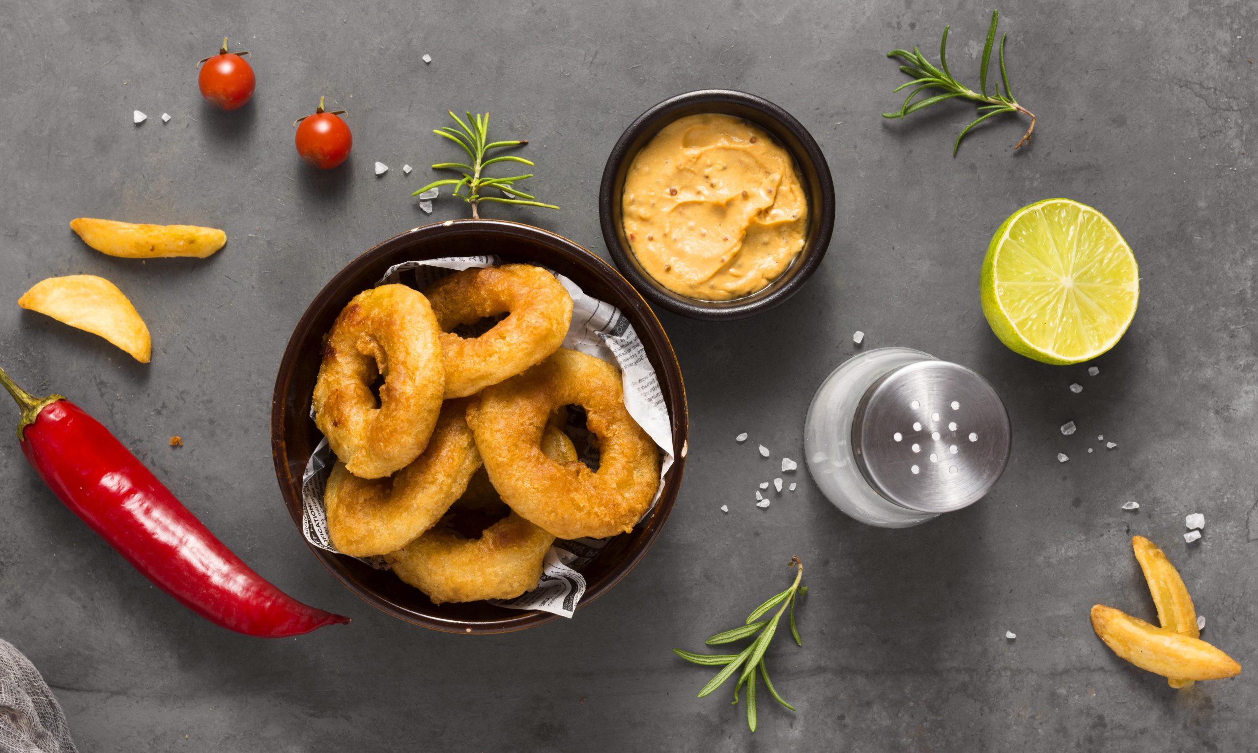 Top view ring fries with salt chili pepper